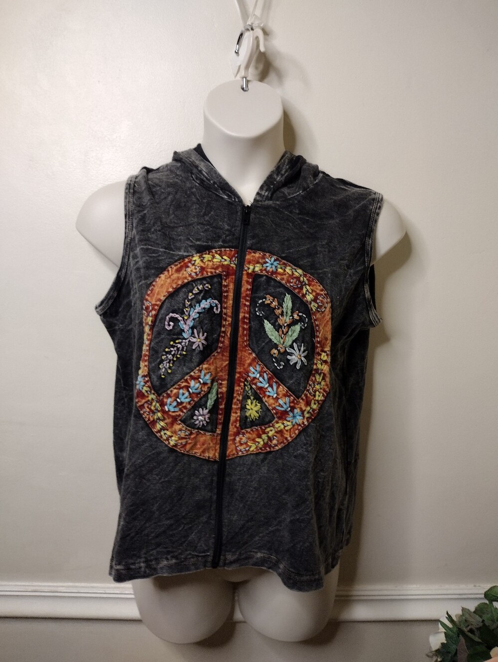 The Collection Royal Boho Distressed Gray/Red Embroidered Peace Sign Hoodie Vest